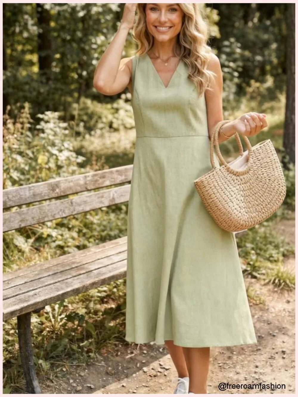 Sleeveless V-Neck Linen Tank Midi Dress with Pockets